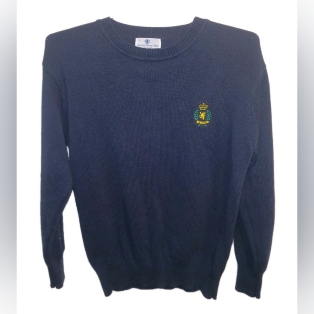 Bermuda Crest English Shop Cotton Preppy Men’s Navy Cotton Vneck Sweater Sz S